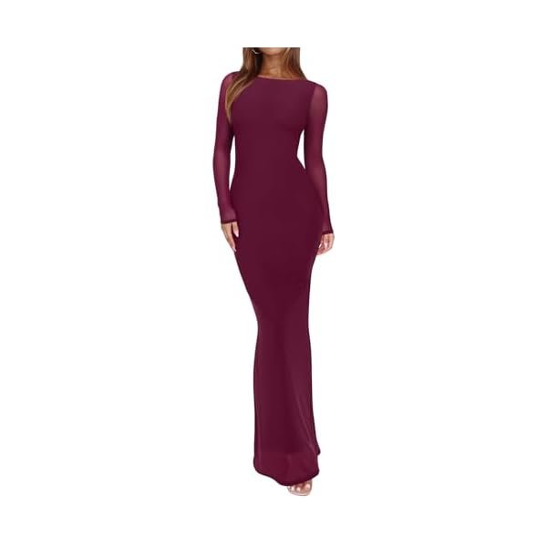 Women's Spring Mesh Sheer Long Sleeve Wedding Guest Dress Sexy Floral Bodycon Maxi Long Dresses